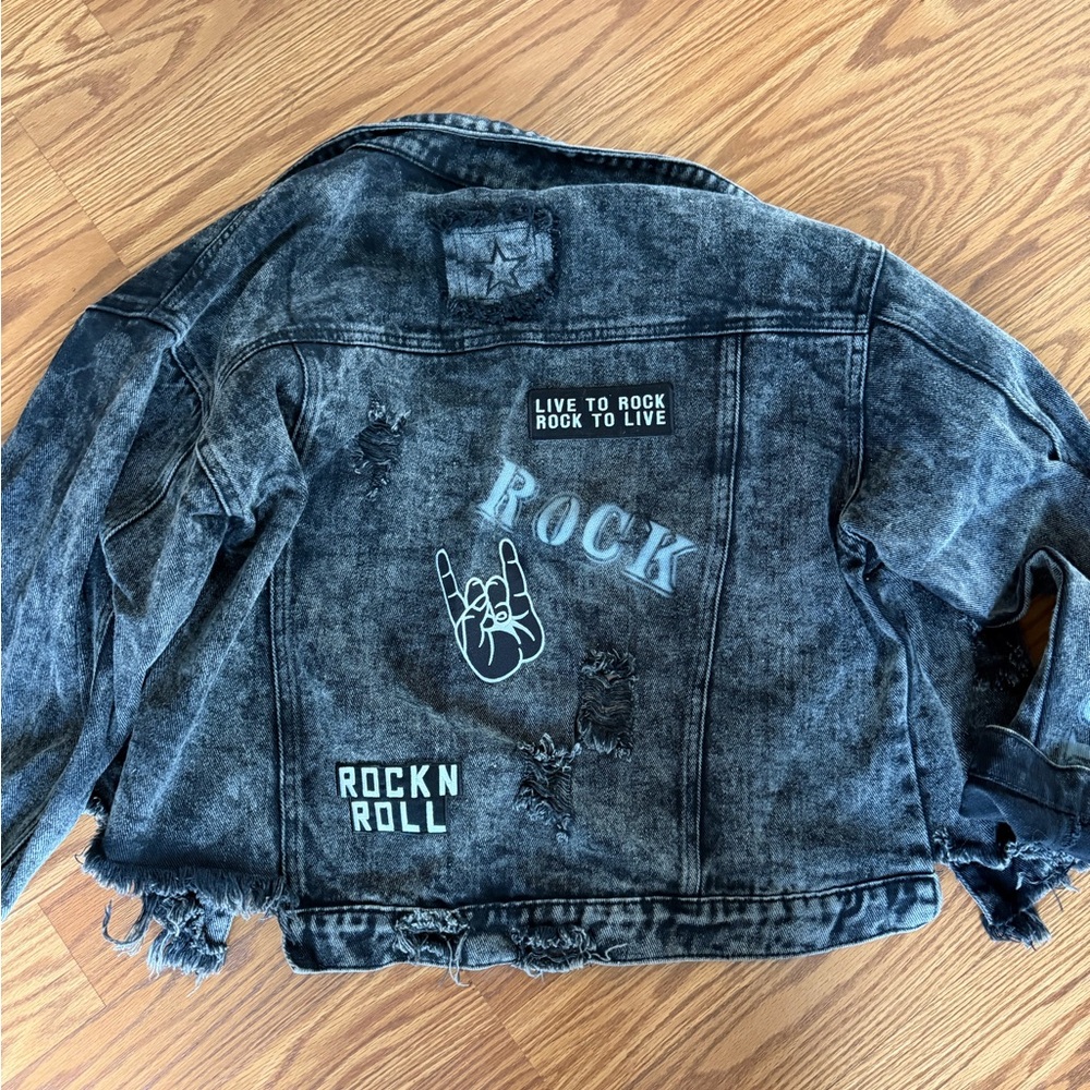 Black Distressed oversized Denim Jacket with Rock Graphics